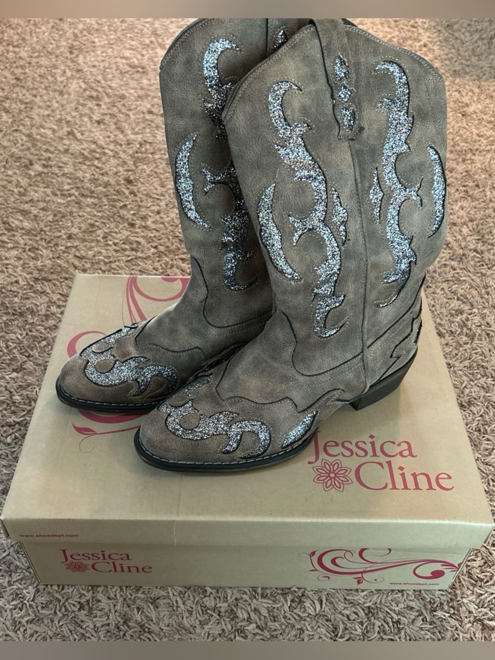 Jessica Cline Taupe Suede Western Boots with Silver Glitter
